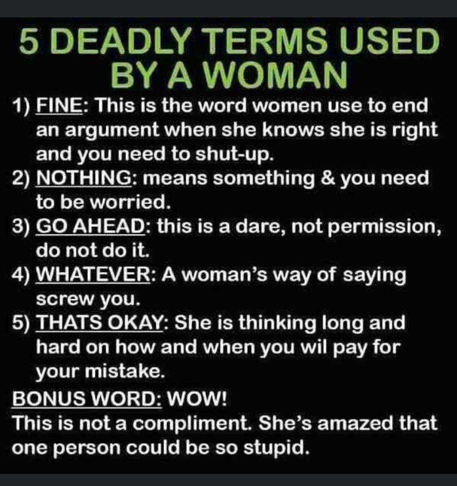 marriage memes - material - 5 Deadly Terms Used By A Woman 1 Fine This is the word women use to end an argument when she knows she is right and you need to shutup. 2 Nothing means something & you need to be worried. 3 Go Ahead this is a dare, not permissi