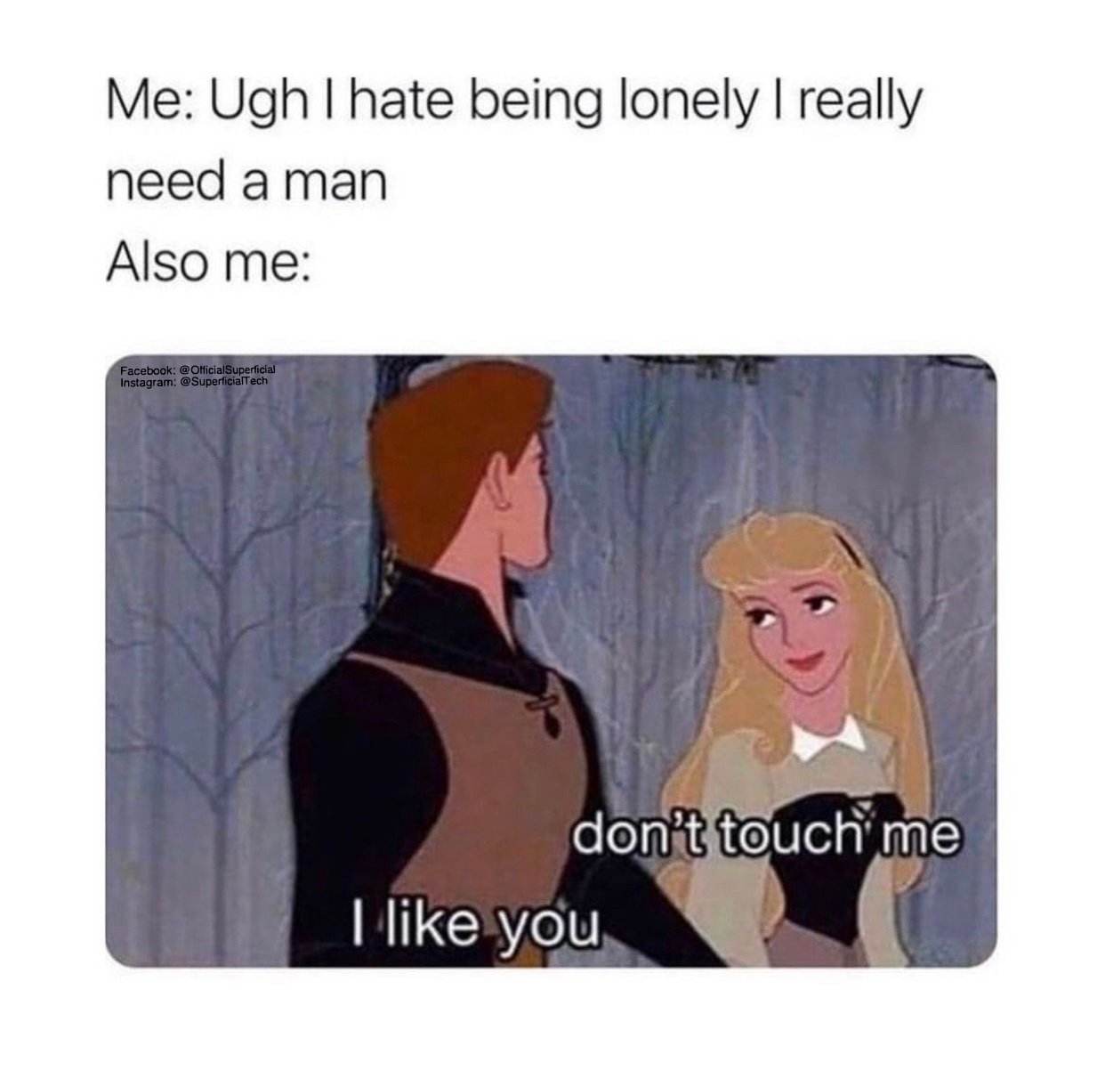 Single Life Memes - disney princess memes - Me Ugh I hate being lonely I really need a man Also me Facebook Superficial Instagram don't touch me I you