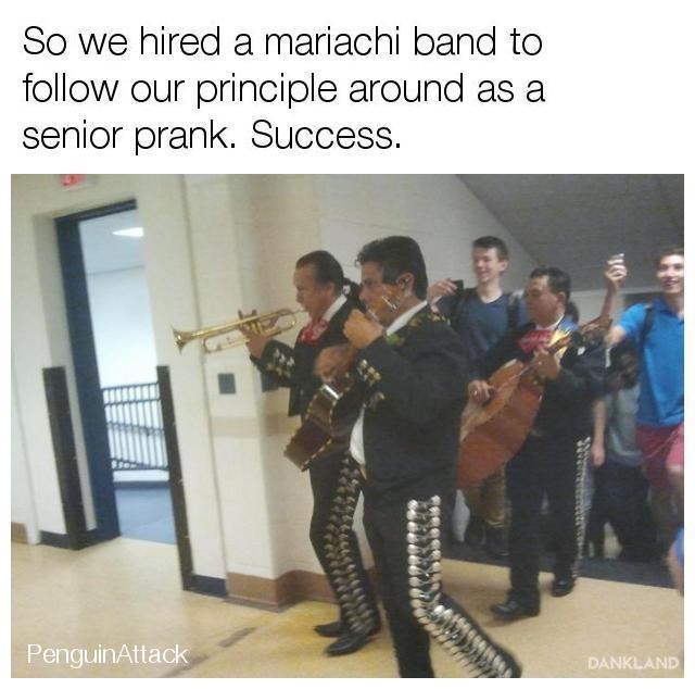 Best Senior Pranks - Senior prank - So we hired a mariachi band to our principle around as a ior prank. Success. Stats PenguinAttack Dankland
