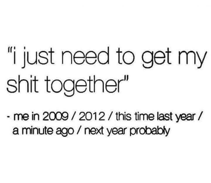 funny and relatable memes - need to get my life together - "I just need to get my shit together" me in 2009 2012 this time last year a minute ago next year probably