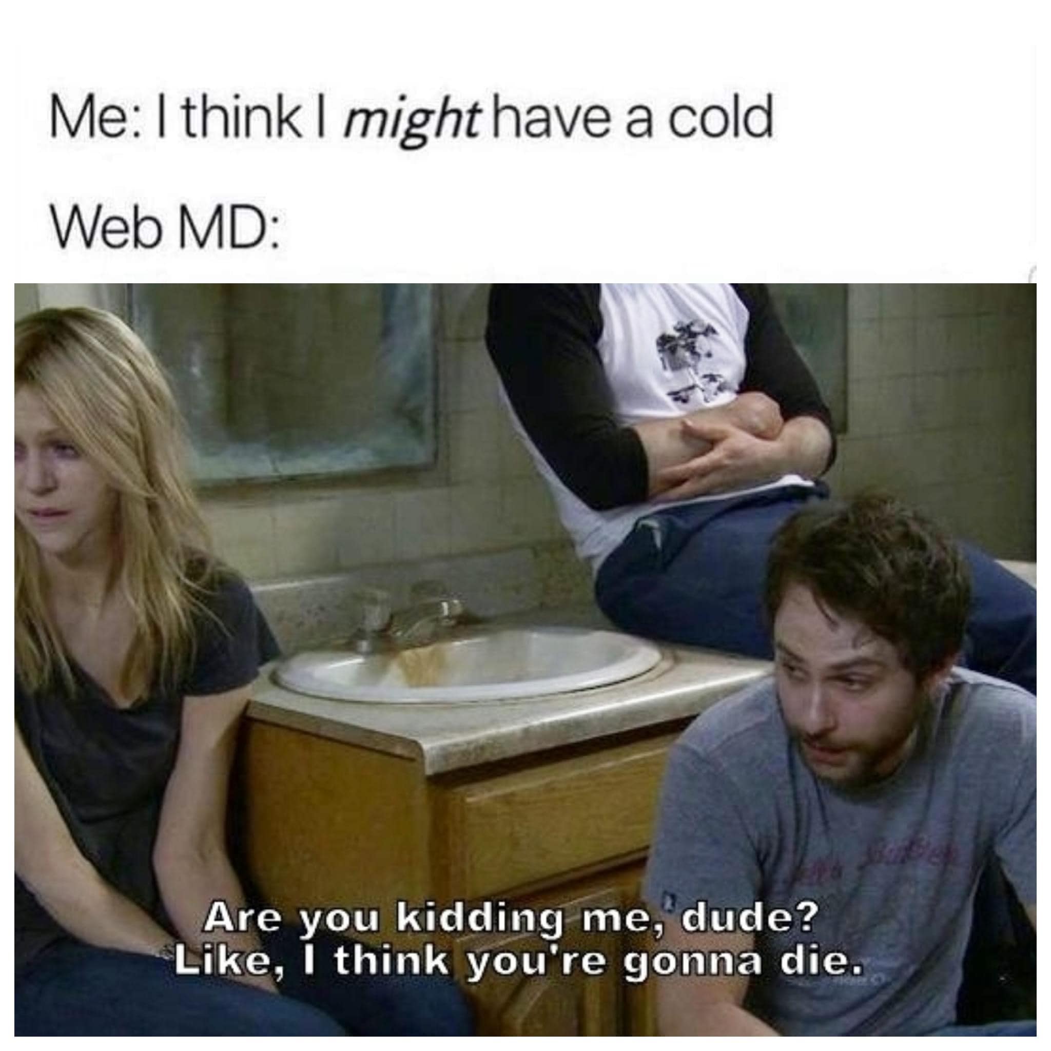 funny and relatable memes - photo caption - Me I think I might have a cold Web Md Are you kidding me, dude? , I think you're gonna die.