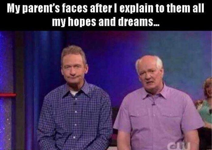 Childhood Memes - explaining memes to parents meme - My parent's faces after I explain to them all my hopes and dreams... Cu