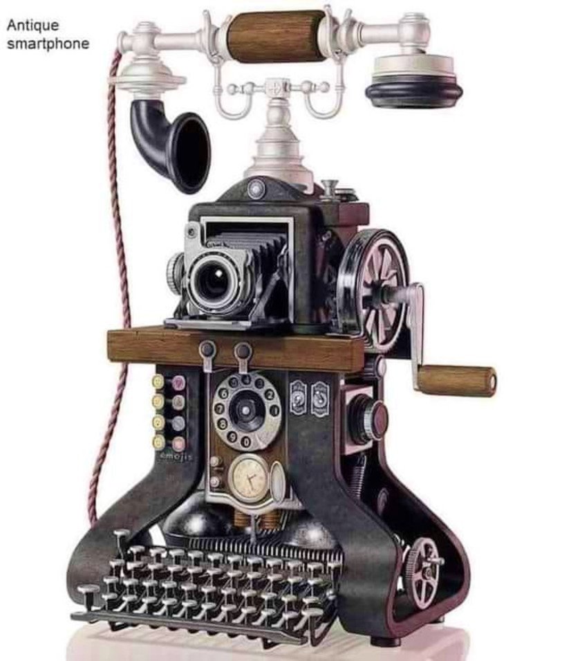 funny pictures - funny steampunk fax machine - Antique smartphone emojis logo So Evexxa