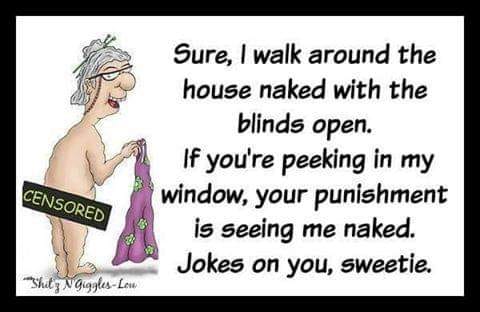 funny pictures - funny Censored Shity N GigglesLou Sure, I walk around the house naked with the blinds open. If you're peeking in my window, your punishment is seeing me naked. Jokes on you, sweetie.