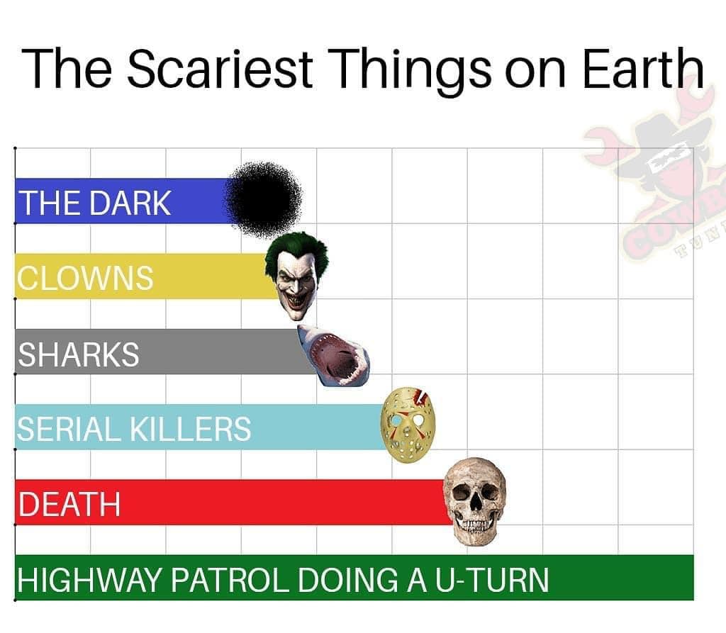 monday morning randomness - codm memes - The Scariest Things on Earth The Dark Clowns Ton Sharks Serial Killers Death Highway Patrol Doing A UTurn