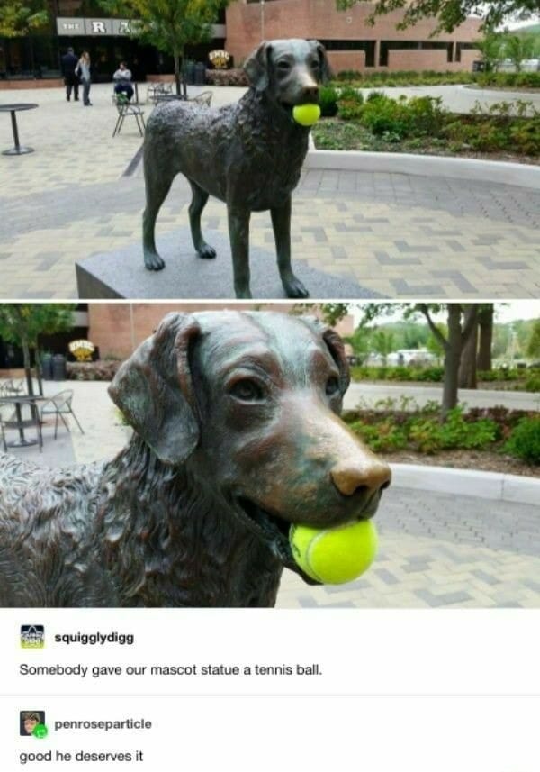 monday morning randomness - dog statue tennis ball - Ra squigglydigg Somebody gave our mascot statue a tennis ball. penroseparticle good he deserves it The