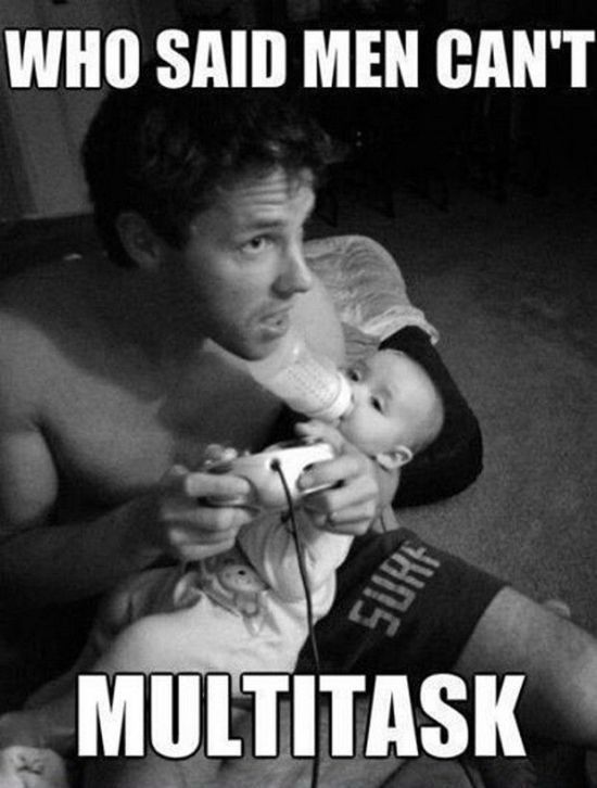 dad memes - dad and baby playing video games - Who Said Men Can'T Multitask Hms