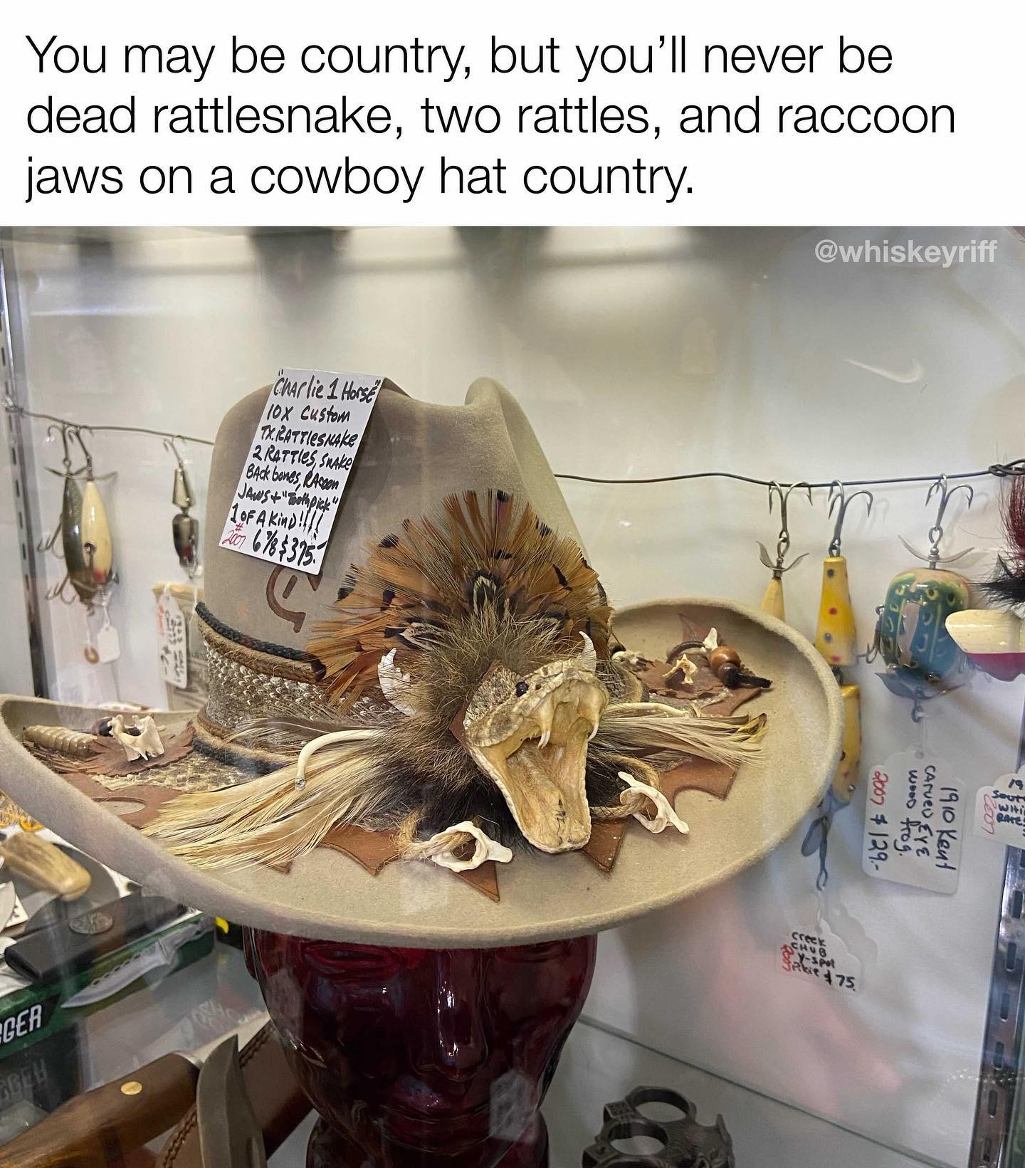 redneck memes and pics - You may be country, but you'll never be dead rattlesnake, two rattles, and raccoon jaws on a cowboy hat country. Esna Ger 667! Charlie 1 Horse 10X Custom Tx.Battlesnake 2 Rattles, Shake Back bones, Raccon Jaws"Toothpick" 1 Of A Ki