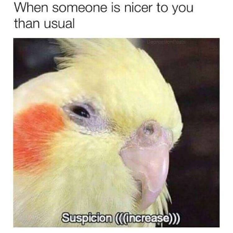 relatable memes - suspicion memes - When someone is nicer to you than usual DepressionPosts Suspicion increase