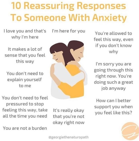 infographics - charts - talk to someone with anxiety - 10 Reassuring Responses To Someone With Anxiety I love you and that's I'm here for you why I'm here It makes a lot of sense that you feel this way You don't need to explain yourself to me You don't ne
