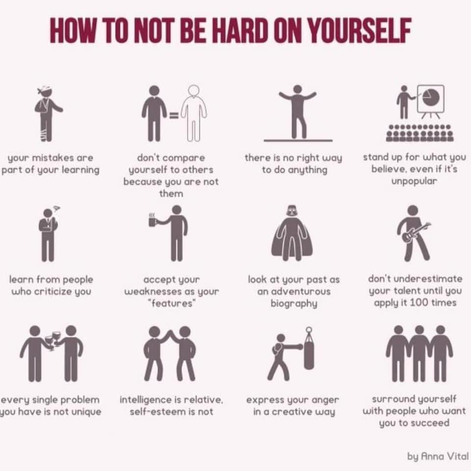infographics - charts - not to be hard on yourself - How To Not Be Hard On Yourself your mistakes are part of your learning learn from people who criticize you every single problem you have is not unique 1 don't compare yourself to others because you are 