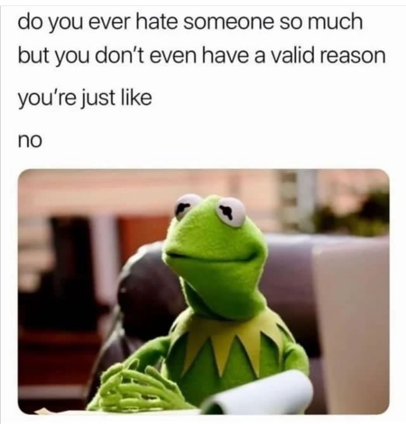 funny memes - dank memes - kermit the frog meme - do you ever hate someone so much but you don't even have a valid reason you're just no