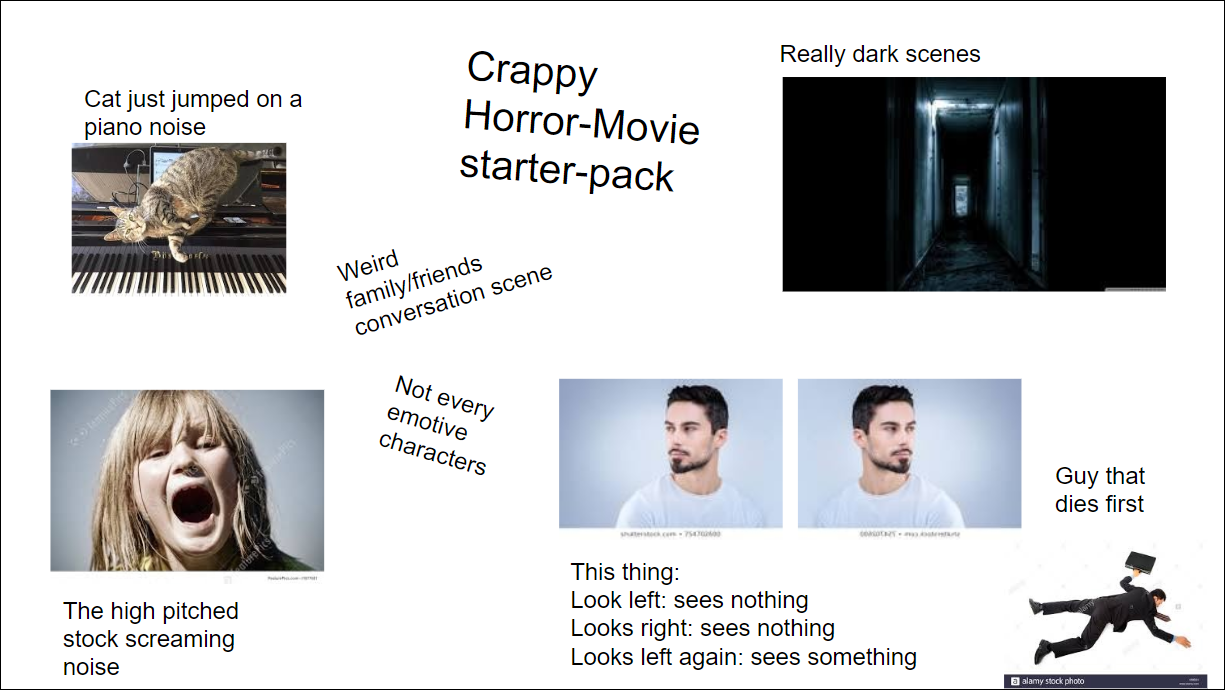 Movie memes - crappy movies starter pack - Cat just jumped on a piano noise The high pitched stock screaming noise Crappy HorrorMovie starterpack Weird familyfriends conversation scene Not every emotive characters Really dark scenes This thing Look left s