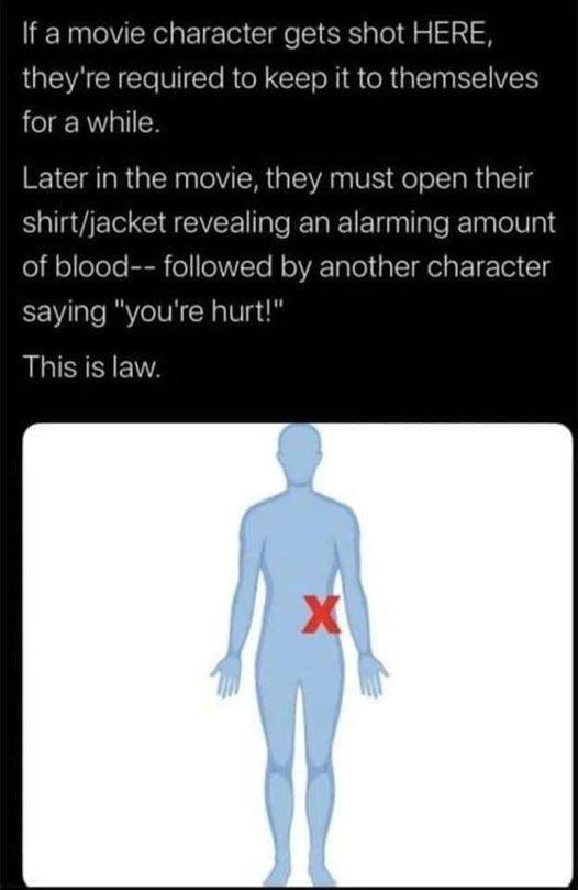 Movie memes - shoulder - If a movie character gets shot Here, they're required to keep it to themselves for a while. Later in the movie, they must open their shirtjacket revealing an alarming amount of blood ed by another character saying