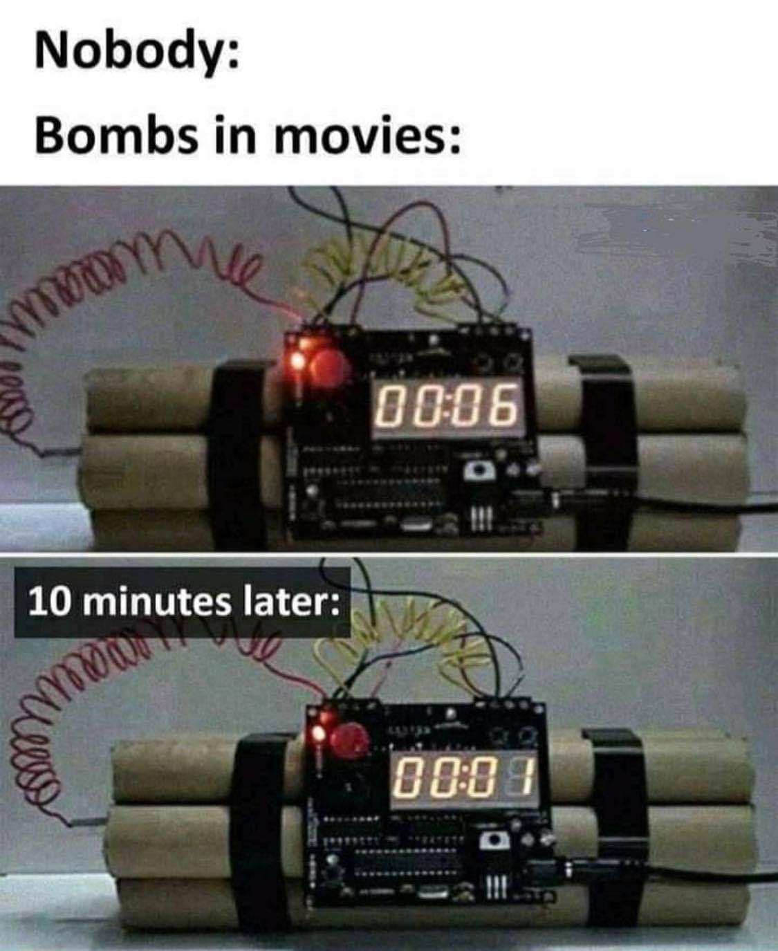 Movie memes - Internet meme - Nobody Bombs in movies moram 10 minutes later moa