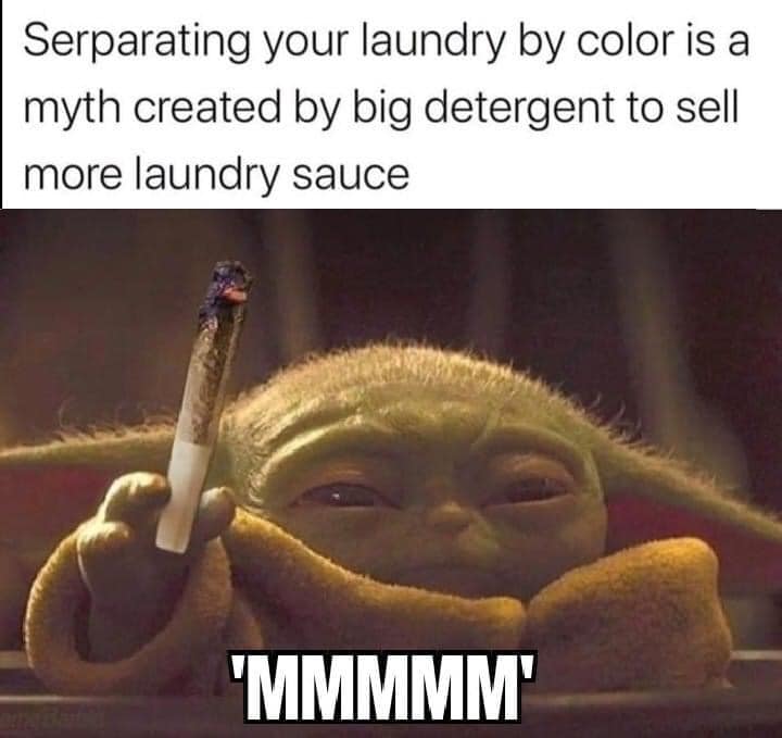 Expectations vs Reality memes - photo caption - Serparating your laundry by color is a myth created by big detergent to sell more laundry sauce 'Mmmmm'