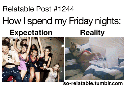 Expectations vs Reality memes - photo caption - Relatable Post How I spend my Friday nights Expectation Reality sorelatable.tumblr.com