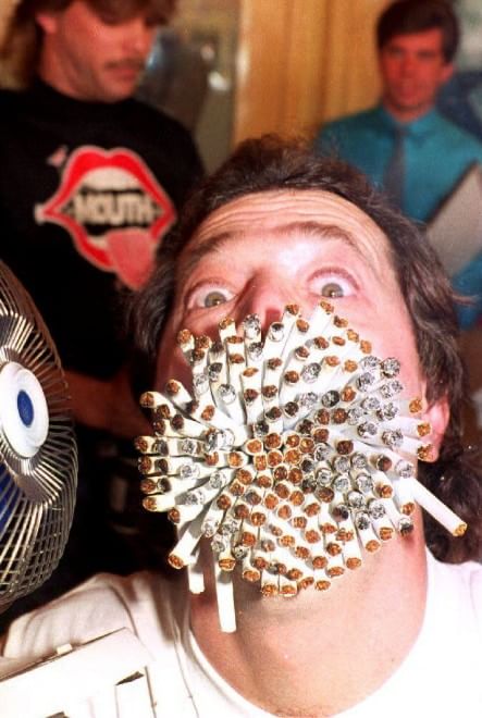 This guy broke the record for most cigarettes smoked and lit at once. When his doctor asked if he smoked a pack a day, he didn't mean all at once