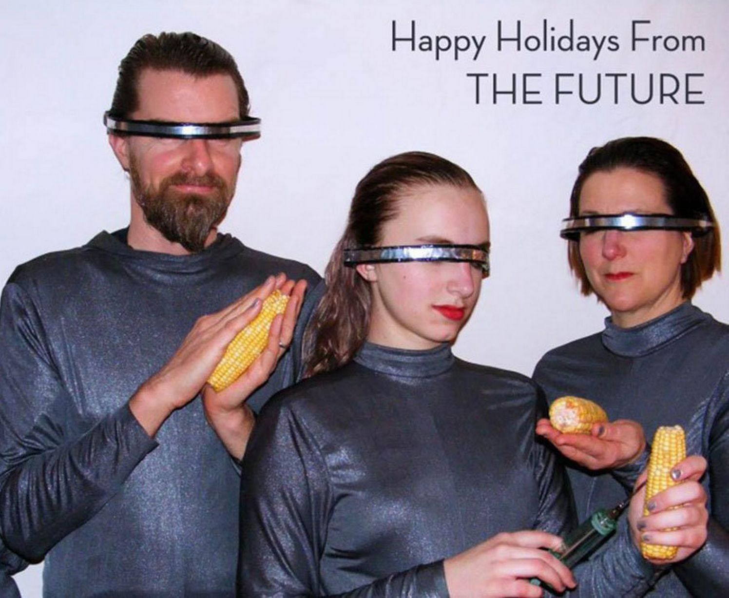 Awkward Family Christmas Cards - cyber woman with corn - Happy Holidays From The Future