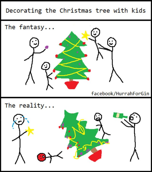christmas funny memes - Decorating the Christmas tree with kids The fantasy... The reality... ox facebookHurrahForGin