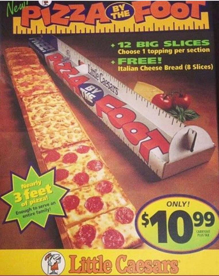 Round pizza: Mmm. PIZZA IN A LONG SQUARE BOX?! YAAAAAAS Bring back squared pizza by the foot where each person could get their own toppings.