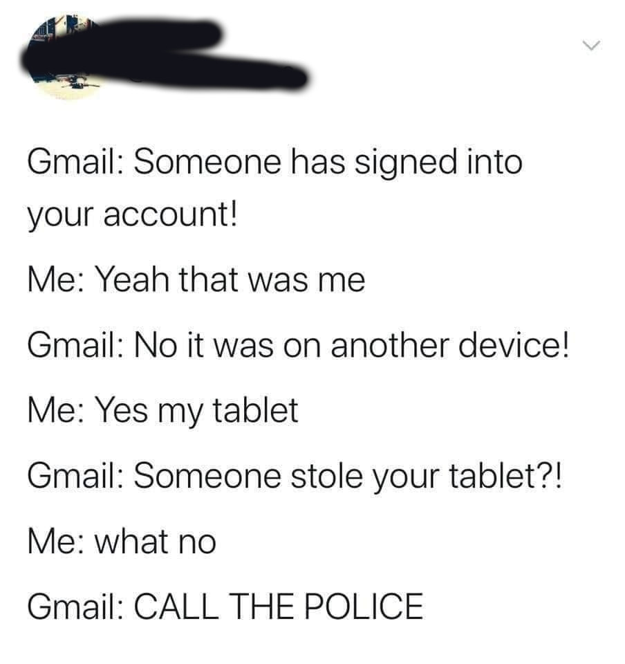 memes about internet life and culture -  writing - Gmail Someone has signed into your account! Me Yeah that was me Gmail No it was on another device! Me Yes my tablet Gmail Someone stole your tablet?! Me what no Gmail Call The Police
