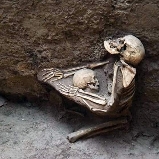 this 4000 year old skeleton of a mother shielding her child during an earthquake, frozen together in time forever.