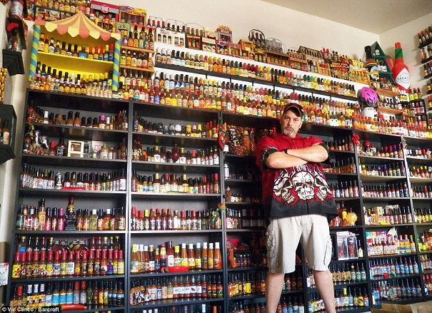 He's feelin spicehhhh with his hot sauce collection