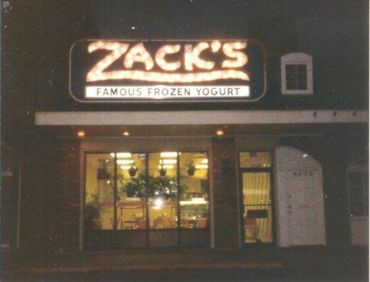 If you were around when Zack's was popular, this simple picture just brought all of the smells back- walking in and taking in the aromas of the big waffle cones mixed with slightly burned fudge (mmmmmm) and then the excitement that one of the rarer flavors was on tap- White chocolate, peach, those were like winning the froyo lotto