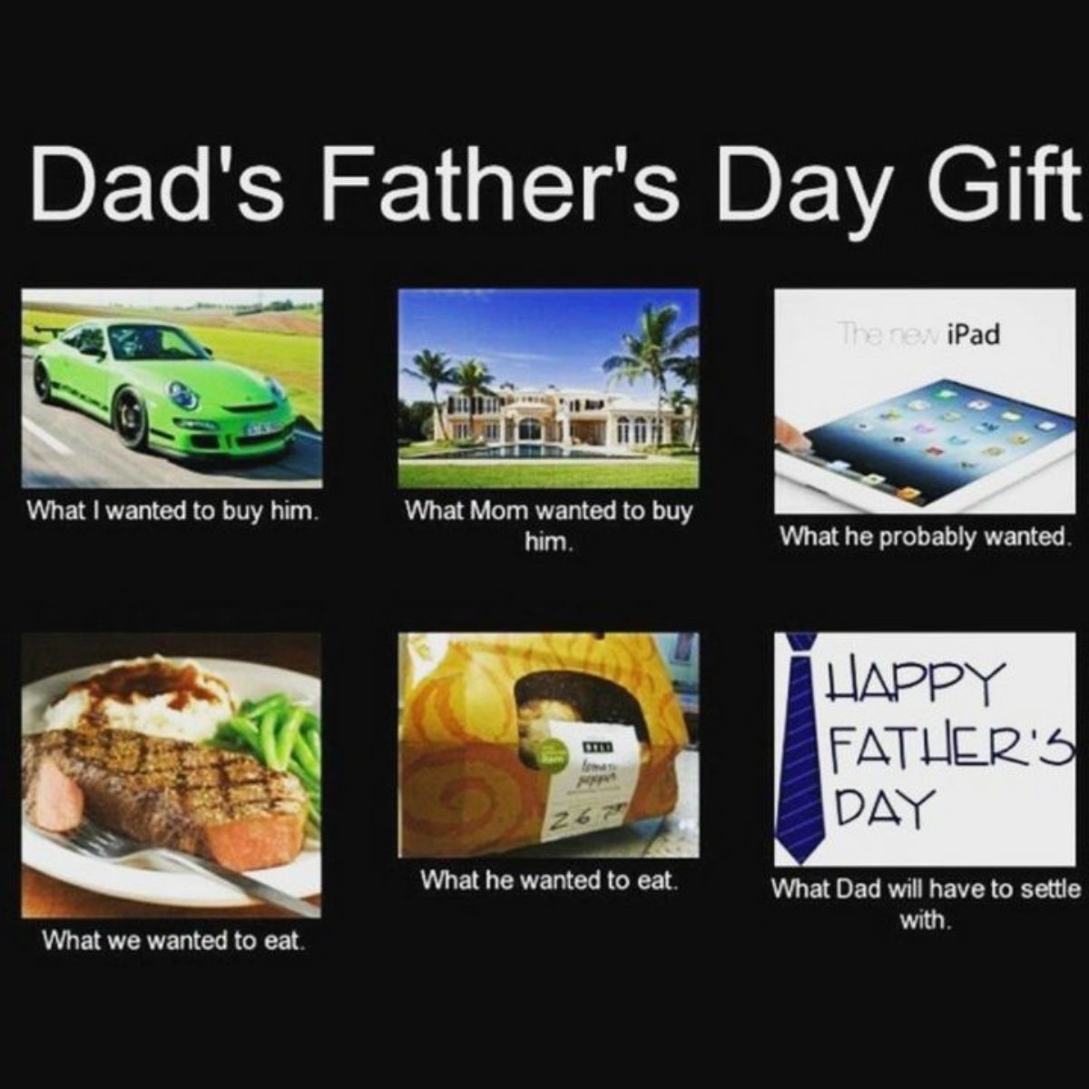 memes for fathers - Dad's Father's Day Gift The new iPad What I wanted to buy him. What Mom wanted to buy him. What he probably wanted. temas popper What he wanted to eat. What we wanted to eat. Happy Father'S Day What Dad will have to settle with.