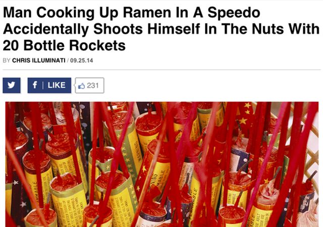 man cooking up ramen in a speedo - Man Cooking Up Ramen In A Speedo Accidentally Shoots Himself In The Nuts With 20 Bottle Rockets By Chris Illuminati09.25.14 y f | 231 Si Sony Zult