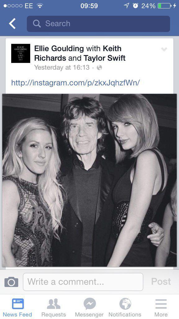 friendship - 1 24% O 4 0000 Ee Q Search Ellie Goulding with Keith Richards and Taylor Swift Yesterday at o Write a comment... Post News Feed Requests Messenger Notifications More