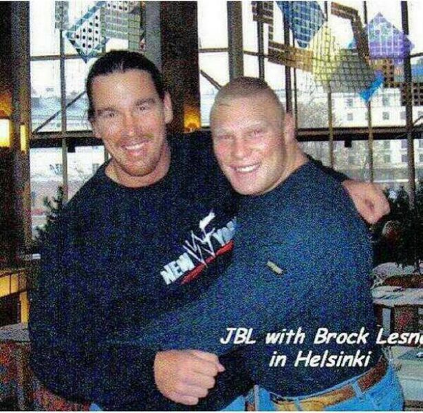 JBL getting hugged by Brock Lesnar. According to the comic sans, it was in Helsinki