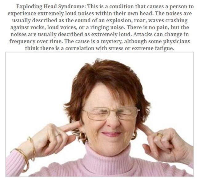 loud wind turbine - Exploding Head Syndrome This is a condition that causes a person to experience extremely loud noises within their own head. The noises are usually described as the sound of an explosion, roar, waves crashing against rocks, loud voices,