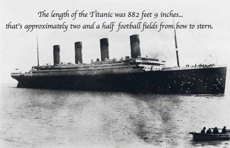 titanic album of father browne - The length of the Titanic was 882 feet 9 inches... that's approximately two and a half football fields from bow to stern. Leittimeter
