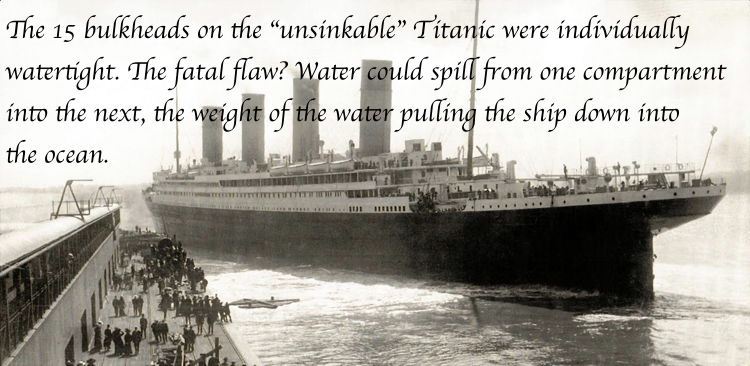 titanic southampton - The 15 bulkheads on the unsinkable Titanic were individually watertight. The fatal flaw? Water could spill from one compartment into the next, the weight of the water pulling the ship down into the ocean. Ttttttttttimella 11111