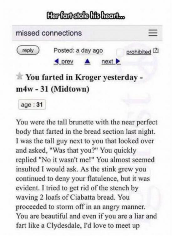 Craigslist missed connection of fart that caused the woman to storm out embarrassed.