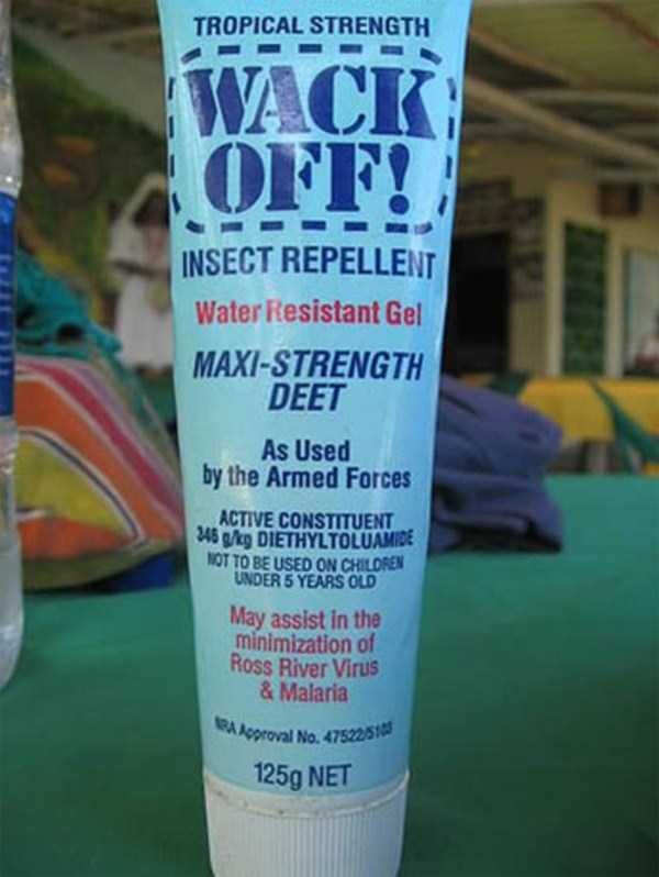 wack off - Tropical Strength Wack Off! Es Insect Repellent Water Resistant Gel MaxiStrength Deet As Used by the Armed Forces Active Constituent 26 kg Diethyltoluamide Not To Be Used On Chiloren Under 5 Years Old May assist in the minimization of Ross Rive