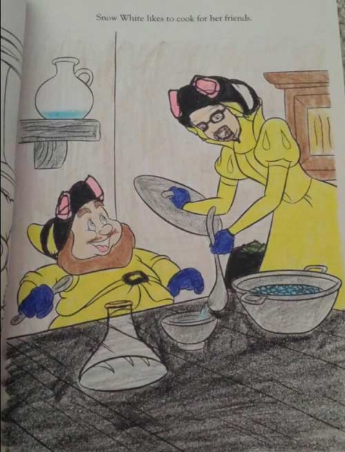 corrupted disney drawings - Snow White to cook for her friends.