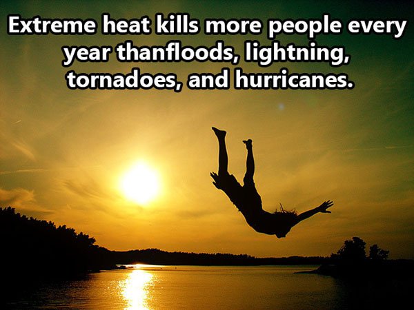 Extreme heat kills more people every year thanfloods, lightning, tornadoes, and hurricanes.