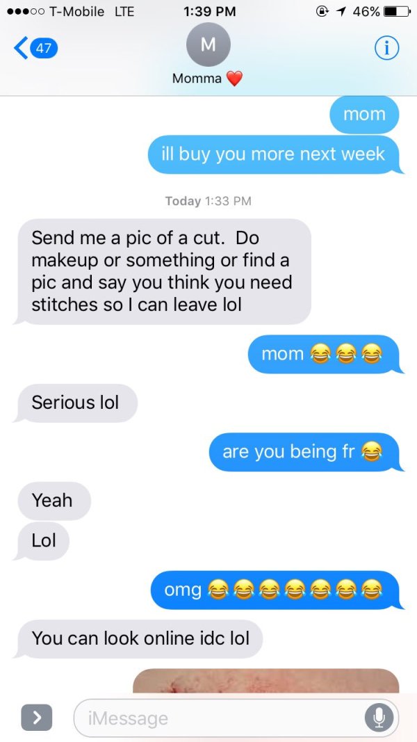 Mom asks daughter to find picture of a cut online and send her a DM saying she has emergency because she cut her self