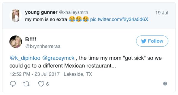 People tagging each other about similar stories their mom's pulled off. I guess this is a thing.