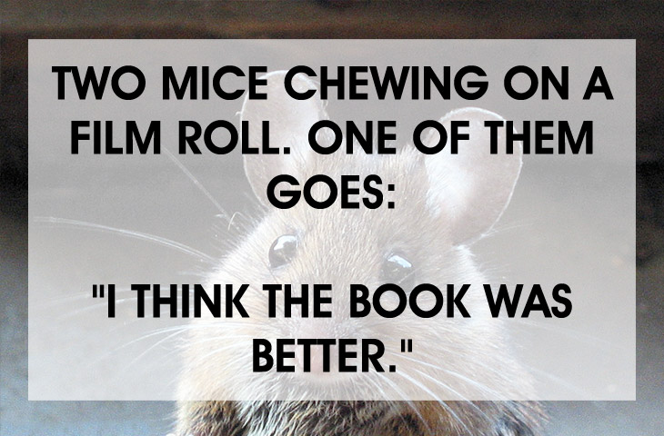 funny dumb jokes - Two Mice Chewing On A Film Roll. One Of Them Goes "I Think The Book Was Better."