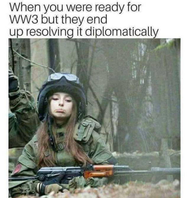 war meme - When you were ready for WW3 but they end up resolving it diplomatically