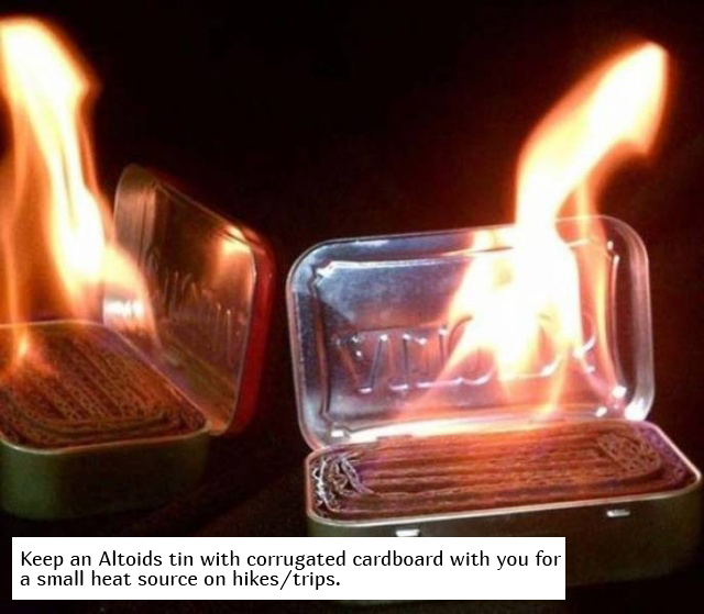 altoids stove - Keep an Altoids tin with corrugated cardboard with you for a small heat source on hikestrips.