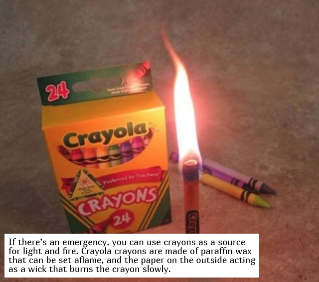 heat - Crayola Crayons 241 If there's an emergency, you can use crayons as a source for light and fire. Crayola crayons are made of paraffin wax that can be set aflame, and the paper on the outside acting as a wick that burns the crayon slowly.
