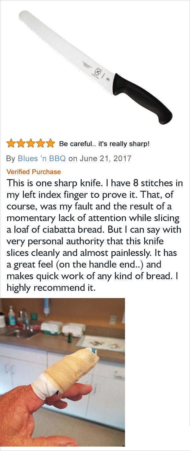amazon reviews - material - Be careful.. it's really sharp! By Blues 'n Bbq on Verified Purchase This is one sharp knife. I have 8 stitches in my left index finger to prove it. That, of course, was my fault and the result of a momentary lack of attention 