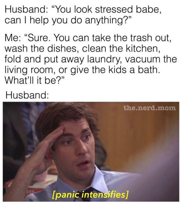 can i ask you something meme - Husband "You look stressed babe, can I help you do anything?" Me "Sure. You can take the trash out, wash the dishes, clean the kitchen, fold and put away laundry, vacuum the living room, or give the kids a bath. What'll it b
