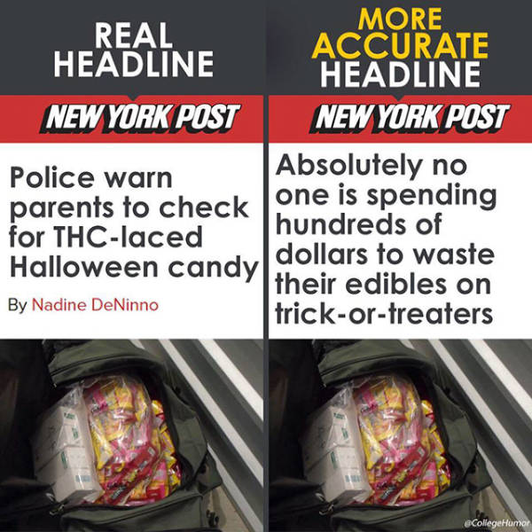 More Real Accurate Headline Headline New York Post New York Post Police warn Absolutely no parents to check kone is spending for Thclaced hundreds of Halloween candy dollars to waste their edibles on By Nadine DeNinno trickortreaters CollegeHumor