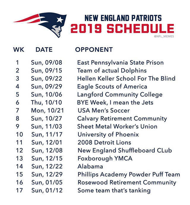 angle - New England Patriots 2019 Schedule SNFL_MEMES Wk Date Opponent 1 5 Sun, 0908 Sun, 0915 Sun, 0922 Sun, 0929 Sun, 1006 Thu, 1010 Mon, 1021 Sun, 1027 Sun, 1103 Sun, 1117 Sun, 1201 Sun, 1208 Sun, 1215 Sun, 1222 Sun, 1229 Sun, 0105 Sun, 0112 East Penns